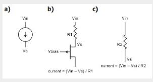  圖1：電流源：理想（a），半導體（b）和電阻（c）